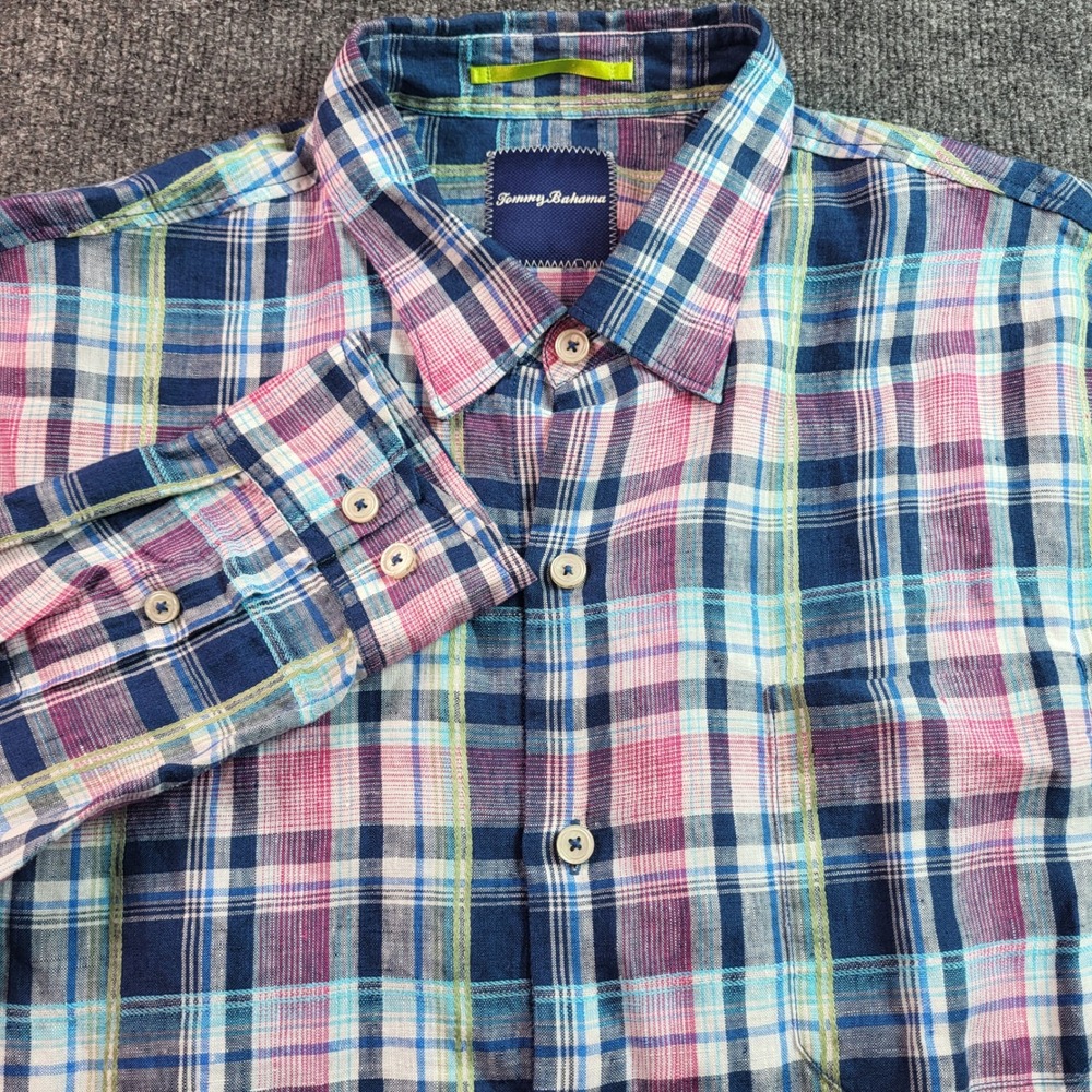 Tommy Bahama Mens Button‎ Down Shirt Large L 100% Linen Plaid Casual
